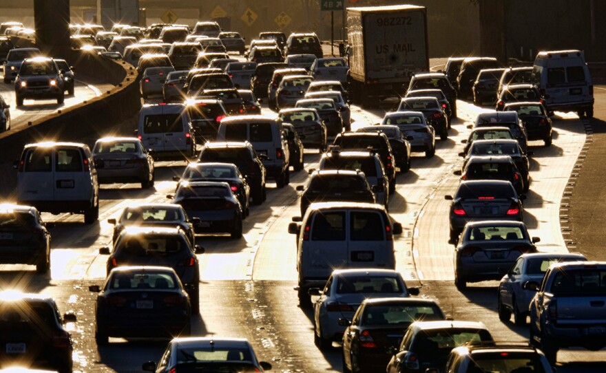 In this Nov. 15, 2016, file photo morning rush hour traffic moves along the southbound lanes along US 101 near downtown Los Angeles.