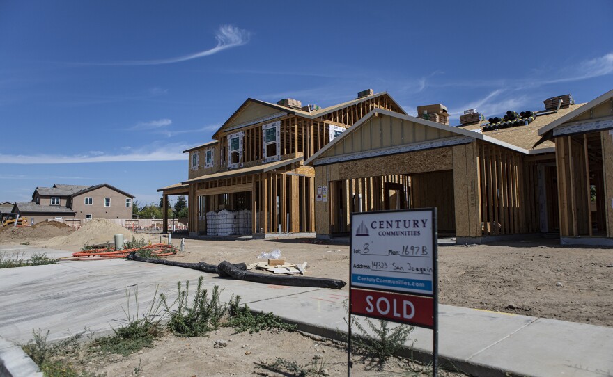 New housing construction in a neighborhood on the outskirts of west Fresno on June 15, 2023.