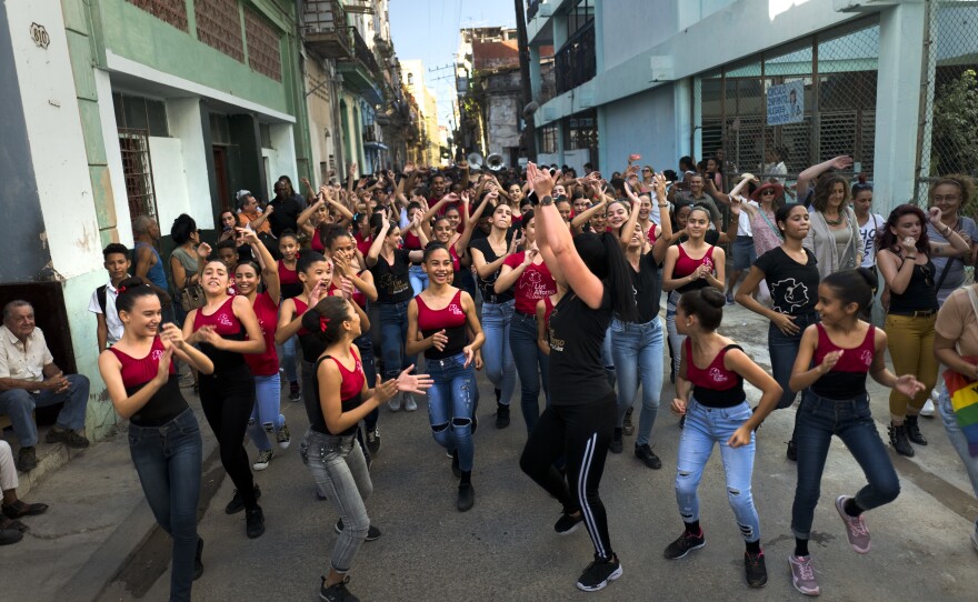 Members of the ballet and dance company Lizt Alfonso Dance Cuba perform on the streets of Old Havana.