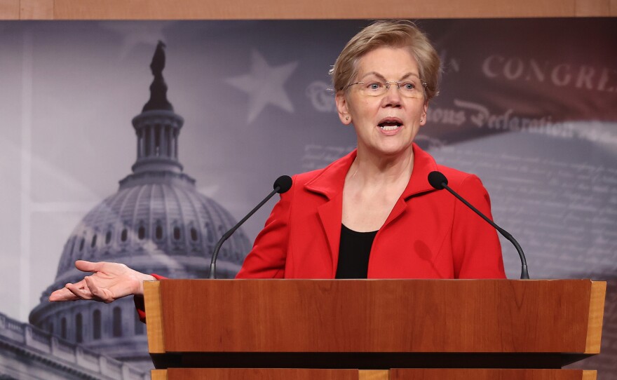 Sen. Elizabeth Warren holds a news conference in March. She and Sen. Bernie Sanders are leading the push to introduce a bill Tuesday that would make pandemic-related food benefits for college students permanent, and create grants for colleges to address hunger.