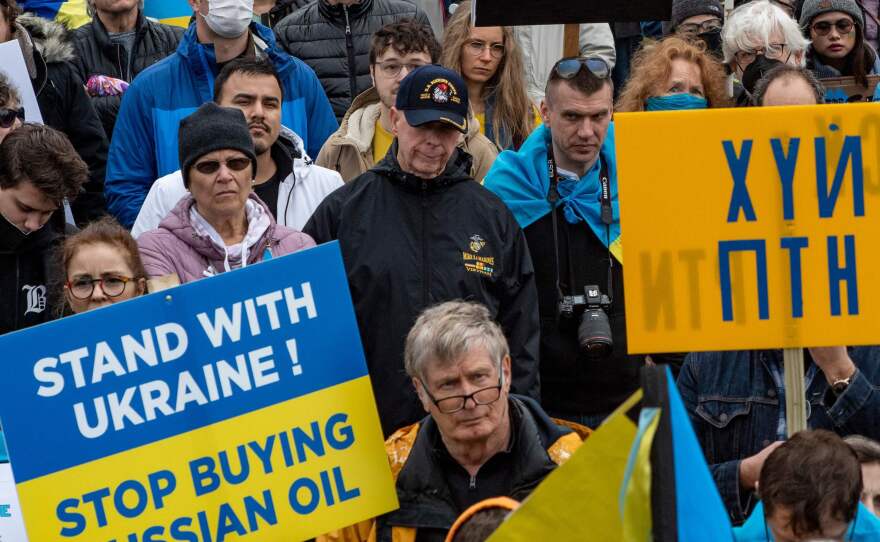 Protesters in Boston call for a ban on Russian oil at a rally for Ukraine on March 6.