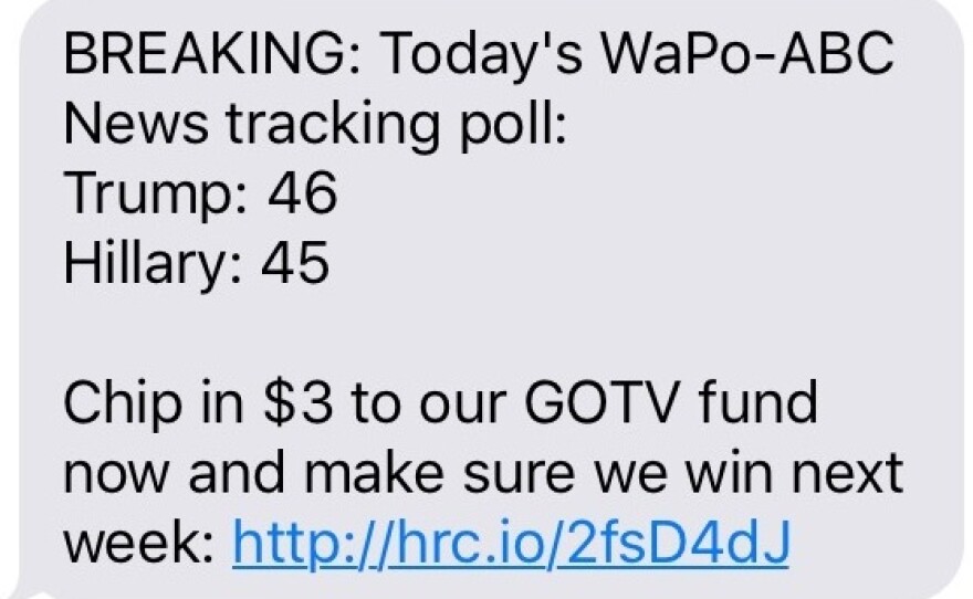 A text from Hillary Clinton's campaign to supporters after a poll came out showing rival Donald leading.