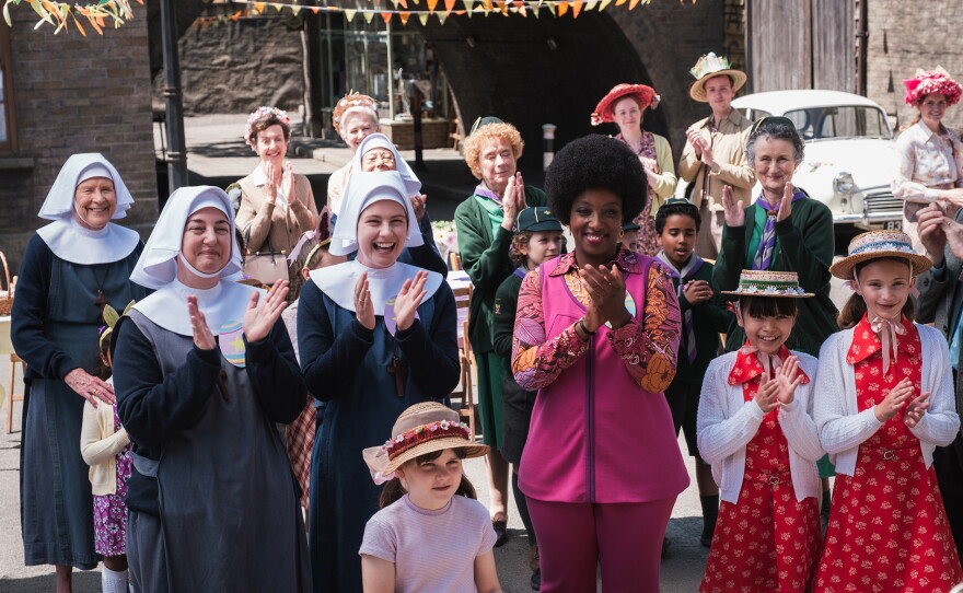Sister Monica Joan (JUDY PARFITT), Sister Veronica (REBECCA GETHINGS), Sister Catherine (Molly Vevers), Sister Julienne (JENNY AGUTTER), Nurse Crane (LINDA BASSETT), Joyce Highland (RENEE BAILEY), Millicent Higgins (GEORGIE GLEN), May Tang (APRIL RAE HOANG), and Angela Turner (ALICE BROWN)