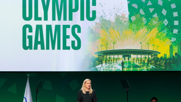 International Olympic Committee President Kirsty Coventry speaks at the SwissTech Convention Center, in Lausanne, Switzerland, on June 24.