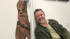 William Nericcio hanging out with Trino's Chewy at Comic-Con Museum's new exhibit on "Trino';s World." May 1, 2023.
