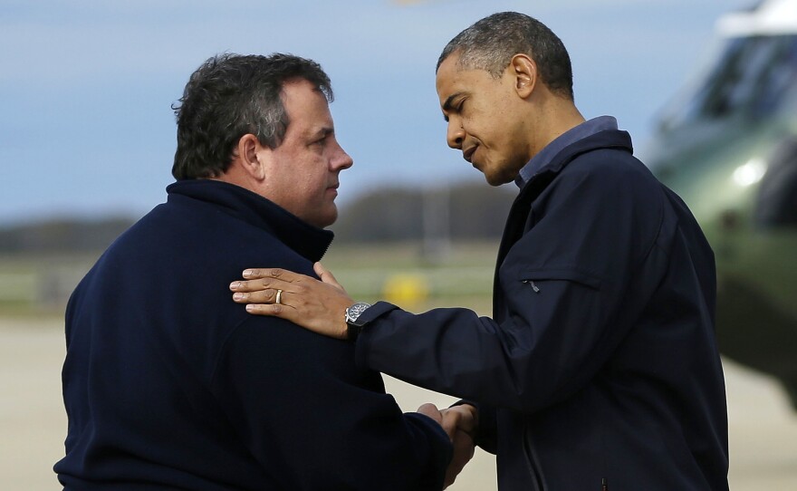 President Obama, greeted by New Jersey Gov. Chris Christie upon his arrival at Atlantic City International Airport, Oct. 31, 2012. Obama was there to survey the aftermath of Superstorm Sandy.