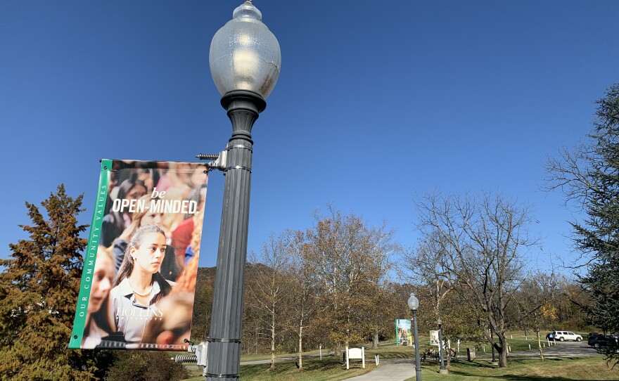 Banners on the Hollins University campus urge students to "be open-minded," "act with integrity," and "value diversity and inclusion."