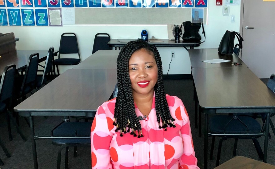 San Diego Continuing Education student Marie Augustin sits in a classroom in this undated photo. 