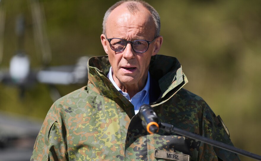 German Chancellor Friedrich Merz gives a statement during his visit to the army at the Bundeswehr base in Munster, Germany, Thursday, April, 30, 2026.