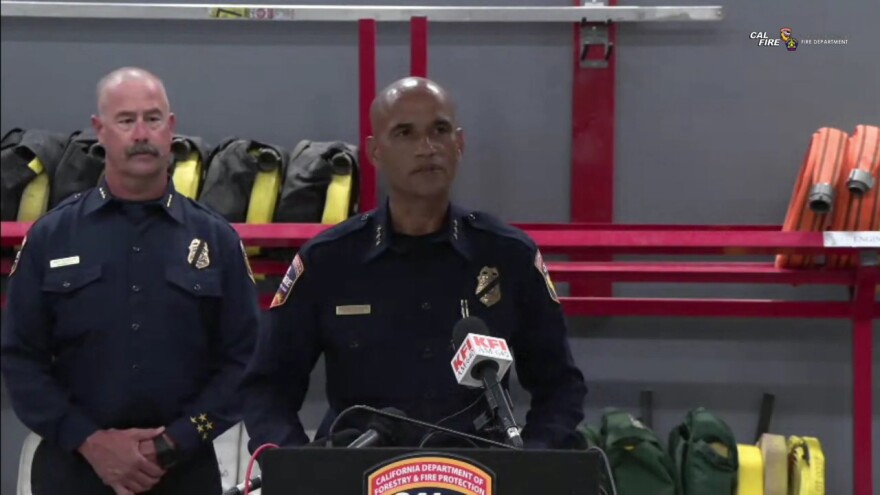 A screenshot of CAL FIRE Southern Region Chief David Fulcher at a press conference. Aug. 7, 2023.