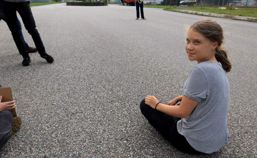 The Swedish climate activist Greta Thunberg protests by blocking the entrance to Oljehamnen neighbourhood in Malmoe, Sweden, on July 24, 2023.