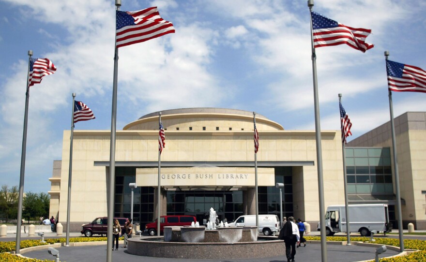 Visitors enter the George Bush Presidential Library in College Station, Texas in 2003.