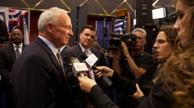 Mayor Jerry Sanders talks to KPBS reporters at Golden Hall on June 5, 2012.