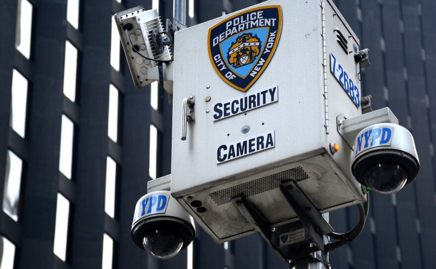 A New York Police Department security camera set up along a street in New York City on Aug. 26.