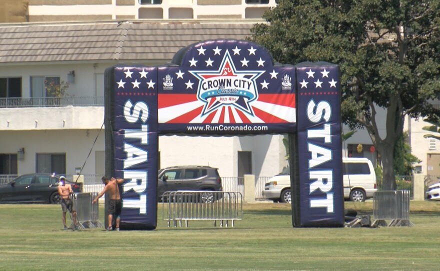 The starting line is set up for the Crown City Classic race at Tidelands Park in Coronado on July 2, 2021.