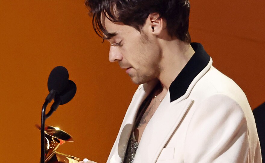 Harry Styles accepts the album of the year award for <em>Harry's House</em> during the 65th Grammy Awards on Feb. 05, 2023 in Los Angeles, California.