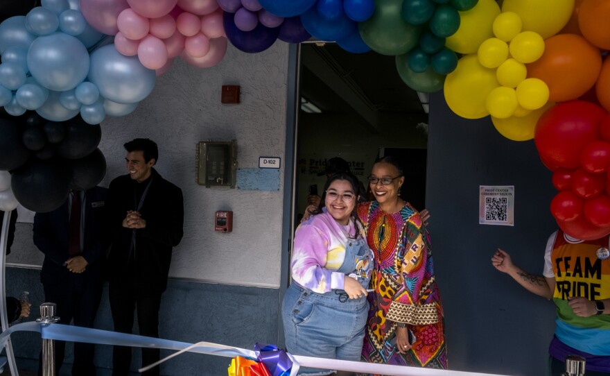 Areli Sandoval, a first-year student, poses with Mesa College President, Ashanti Hands, at the grand opening of the Pride Center on campus, San Diego, Calif., February 22, 2023.