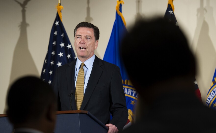 FBI Director James Comey makes a statement at FBI headquarters in Washington, D.C., on Tuesday. Comey said 110 emails sent or received on Hillary Clinton's server contained classified information.