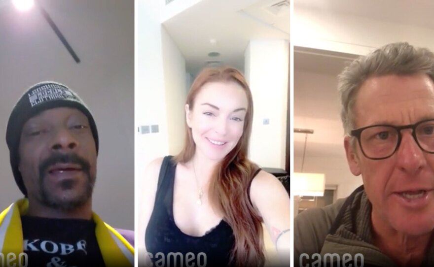 Cameo enlists stars to produce short video messages that are paid for by fans. In these videos Snoop Dogg (left) wishes happy birthday to an 18 year old, Lindsay Lohan (center) offers condolences for a postponed bachelorette party, And Lance Armstrong (right) sends greeting from Nantucket.