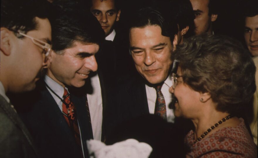 Willie Velasquez with Michael Dukakis at an event in San Antonio, Texas, circa 1980s.