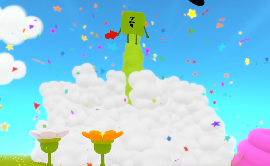 The Mayor, a green cube with a top hat, goes "kaboom" in Wattam. 