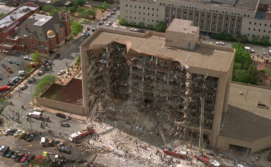 The north side of the Alfred P. Murrah Federal Building in Oklahoma City is missing after a truck bomb exploded on April 19, 1995.