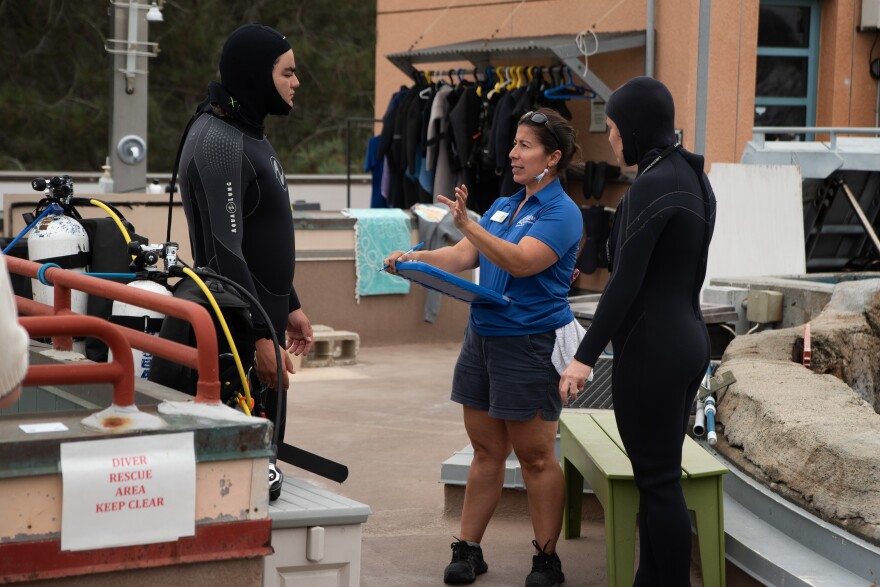 Celeste Parry (right) listens to safety officer Melissa Torres (center) explain the volunteer tasks for the day. Aug. 14, 2025. Birch Aquarium in San Diego, Calif.