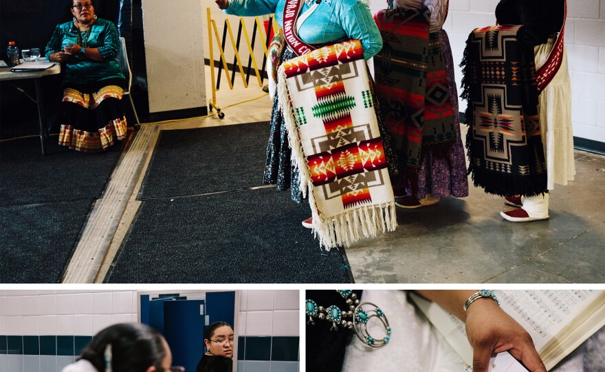 (Top) Montoya waves to someone in the crowd as she stands backstage with fellow Miss Navajo Nation contestants. (Left) Martinez checks that her silver and turquoise belt is aligned over her sash. (Right) Martinez transcribes the song "Jesus Loves Me" into Diné before performing her traditional talent portion of the pageant.