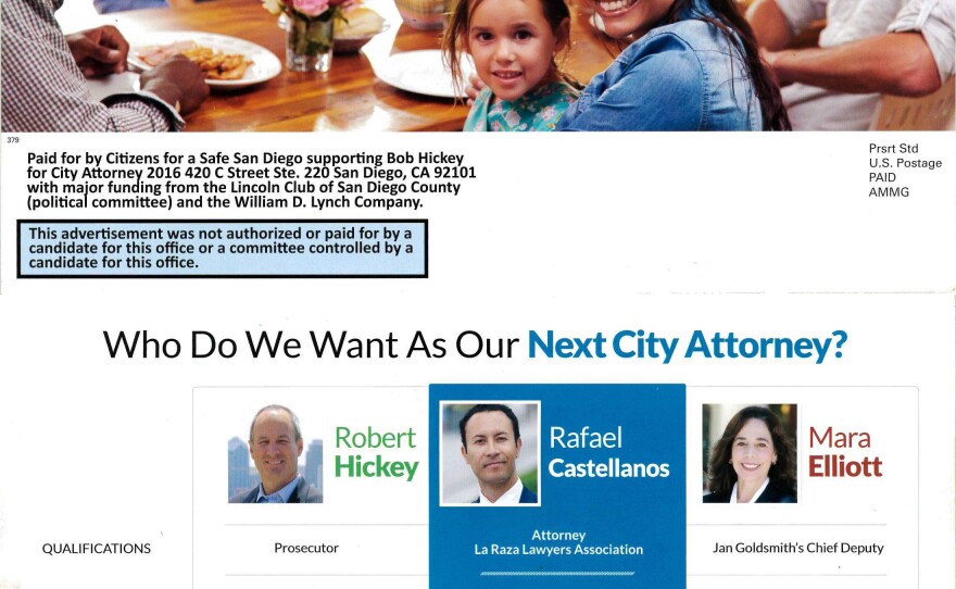 The first mailer sent out by a conservative super PAC features three of the five candidates for San Diego city attorney.