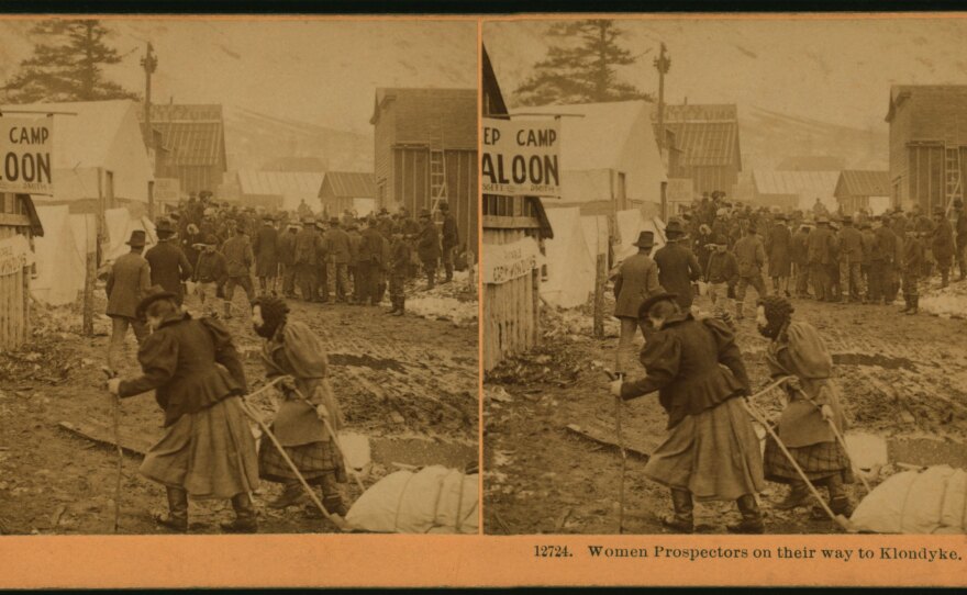 The public domain release includes more than 40,000 stereoscopic views — like this one of female prospectors in 1898.