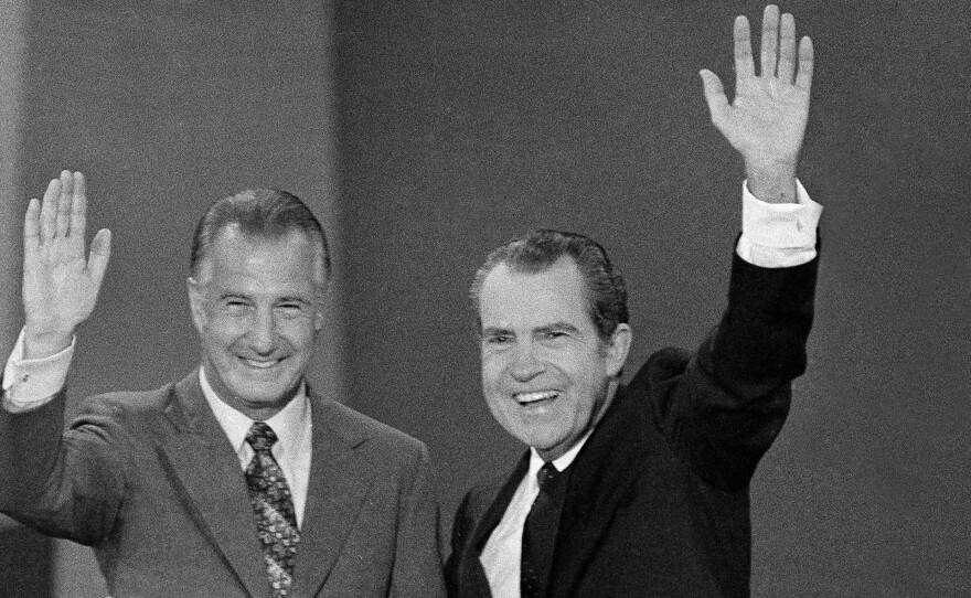Then-President Richard Nixon and Vice President Spiro Agnew wave to the crowd at the Republican National Convention in 1972. Agnew would resign a year later.