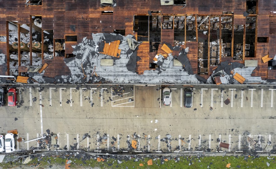 Damage to a building is seen on Wednesday, March 22, 2023, in Montebello, Calif., after a possible tornado.