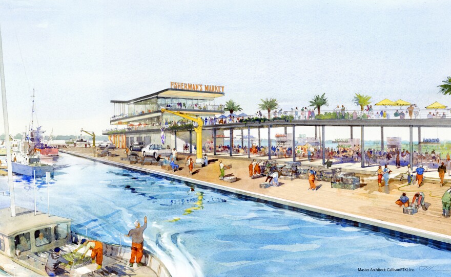An architect's rendering of the proposed dockside seafood market as part of the Seaport San Diego development project.