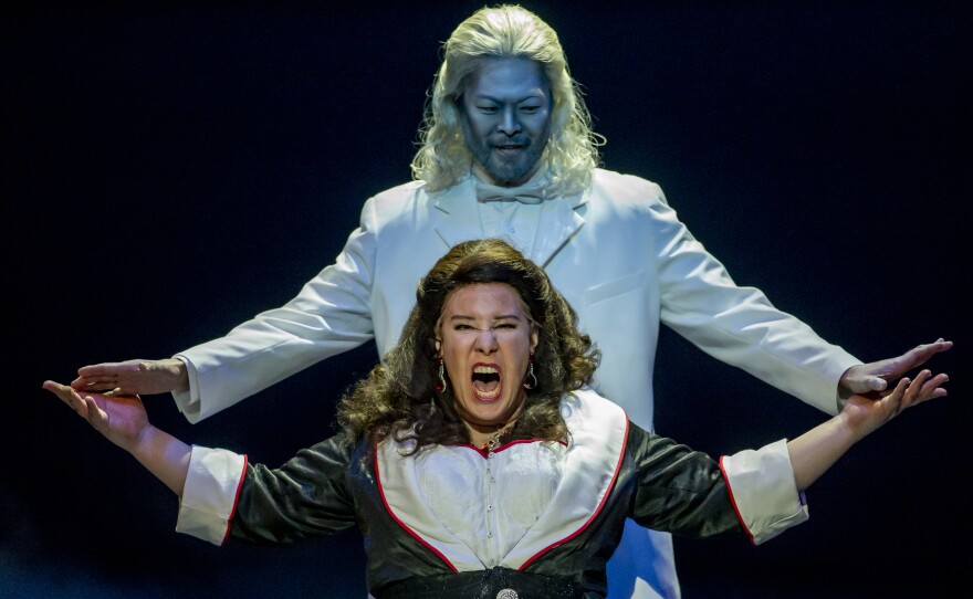 Lucia Lucas, with cast mate Hidenori Inoue, in a dress rehearsal for the Tulsa Opera's 2019 <em>Don Giovanni</em> production.
