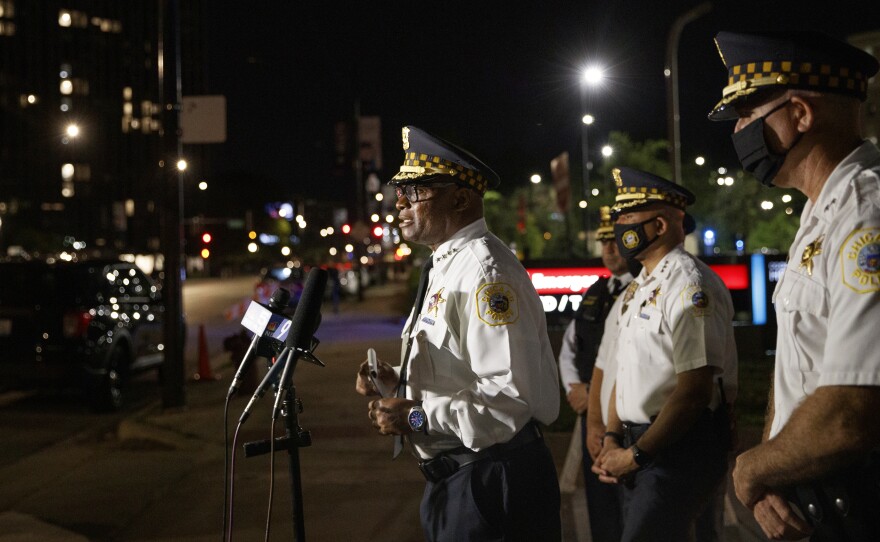 Chicago police Superintendent David Brown talks with members of the press outside Stroger Hospital, where two officers were brought after being shot during the Fourth of July holiday weekend.