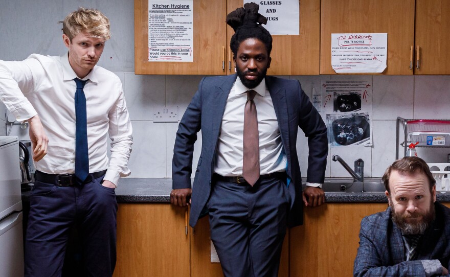 Alexander Owen as Adam, Adjani Salmon as Kwabena and Toby Williams as Tom in <em>Dreaming Whilst Black</em>.