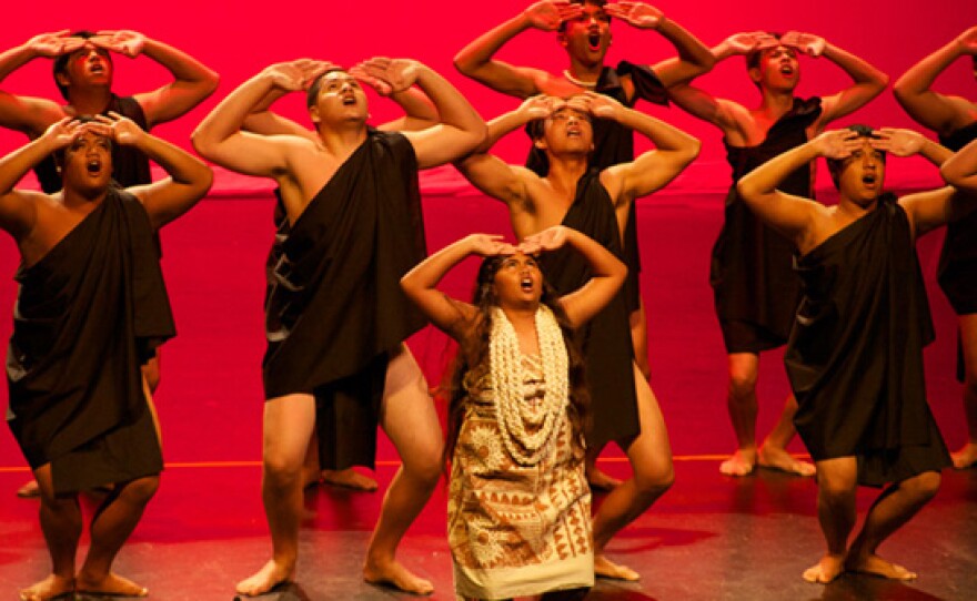 Hoʻonani leads the boys in a performance of ʻai ka mūmū kēkē, a chant & hula about overcoming adversity.