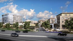 An artist's rendering of an office tower in the proposed One Paseo project in Carmel Valley shows how it would be built on a lower-lying area on the east side of the property. 