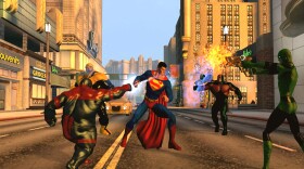 Screenshot of Superman taking on a gang of villains from the game DC Universe Online.