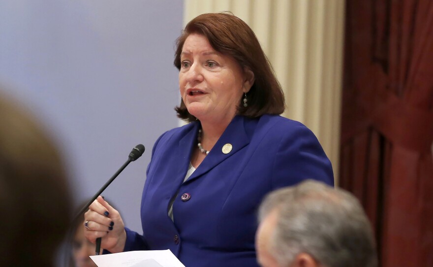 California state Senate President Pro Tem Toni Atkins, of San Diego, speaks on the floor of the Senate in Sacramento, Calif., on Sept. 12, 2019.