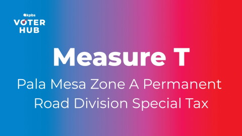 The text "Measure T: Pala Mesa Zone A Permanent Road Division Special Tax" is displayed over a blue to red gradient background, in this undated graphic. 