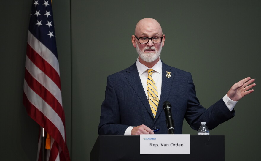 Rep. Derrick Van Orden, R-Wis., speaks in Eau Claire, Wis., on Oct. 20. He is currently in a tight race for reelection.