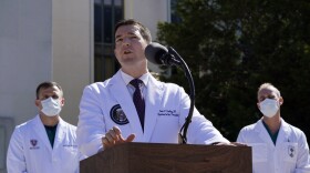 Dr. Sean Conley, physician to President Donald Trump, briefs reporters at Walter Reed National Military Medical Center in Bethesda, Md., Saturday, Oct. 3, 2020. 