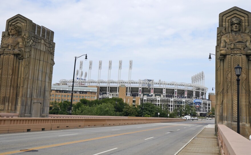 Two guardians rest on the Hope Memorial Bridge within site of Progressive Field in Cleveland on July 23.