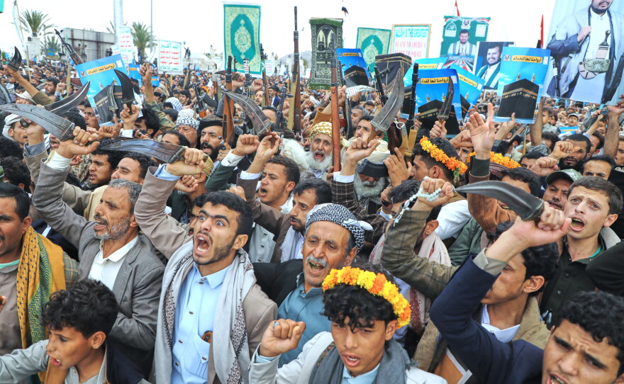 Supporters of Yemen's Houthi rebels shout slogans during a rally in support of the group in Sanaa, Yemen, Friday, Sept. 18, 2026.