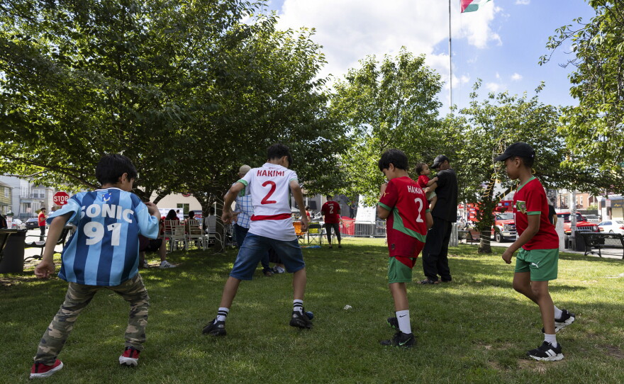 Children play soccer ahead of a watch party for the FIFA World Cup group-stage match between Morocco and Brazil in Paterson, N.J. on June 13.