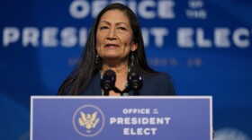 In this Dec. 20, 2020, file photo the Biden administration's nominee for Secretary of Interior, Rep. Deb Haaland, D-N.M., speaks at The Queen Theater in Wilmington Del. 