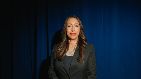 Paloma Aguirre, the mayor of Imperial Beach and a candidate for the District 1 seat on San Diego County’s Board of Supervisors, stands for a portrait at the KPBS studios in San Diego, California on May 14, 2025.