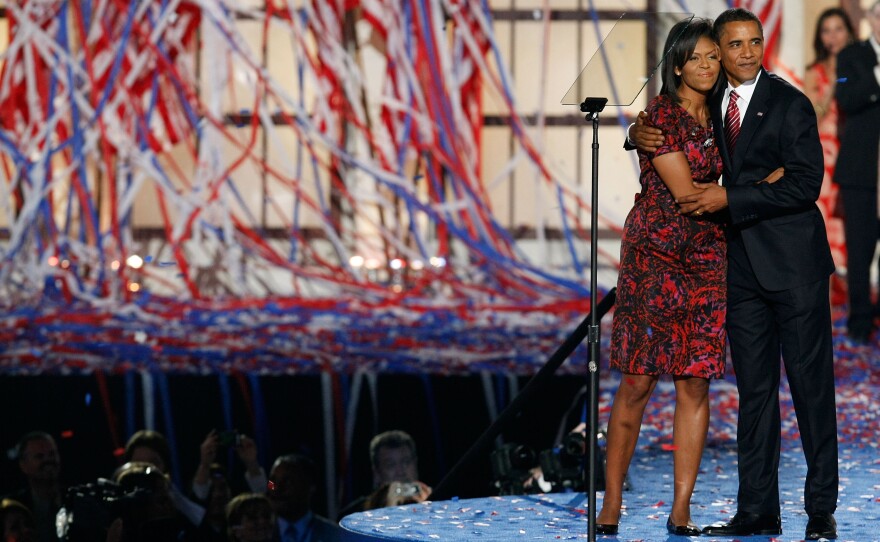 The Obamas hug after on day four of the Democratic National Convention in Denver on Aug. 28, 2008.