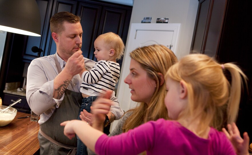 Voltaggio with his wife, Jennifer, and two of his three children, daughters Ever and Piper. The chef is focused on finding a good recipe for work-life balance.